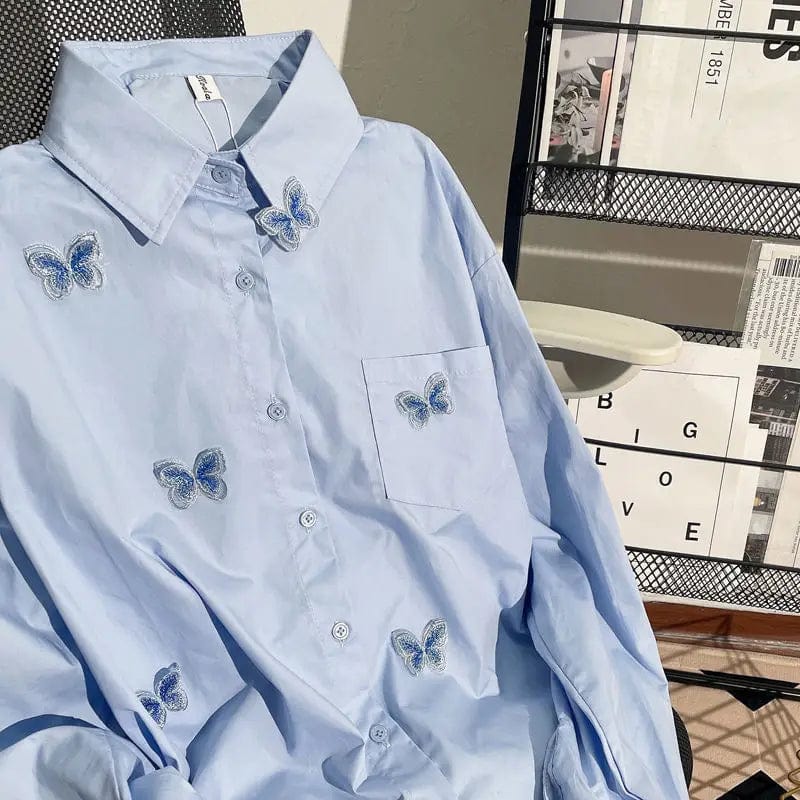 2023 Spring Blue Butterfly Decal Single Breasted Loose Shirt Women's Turn-Down Collar Embroidery Long Sleeve Blouse Female