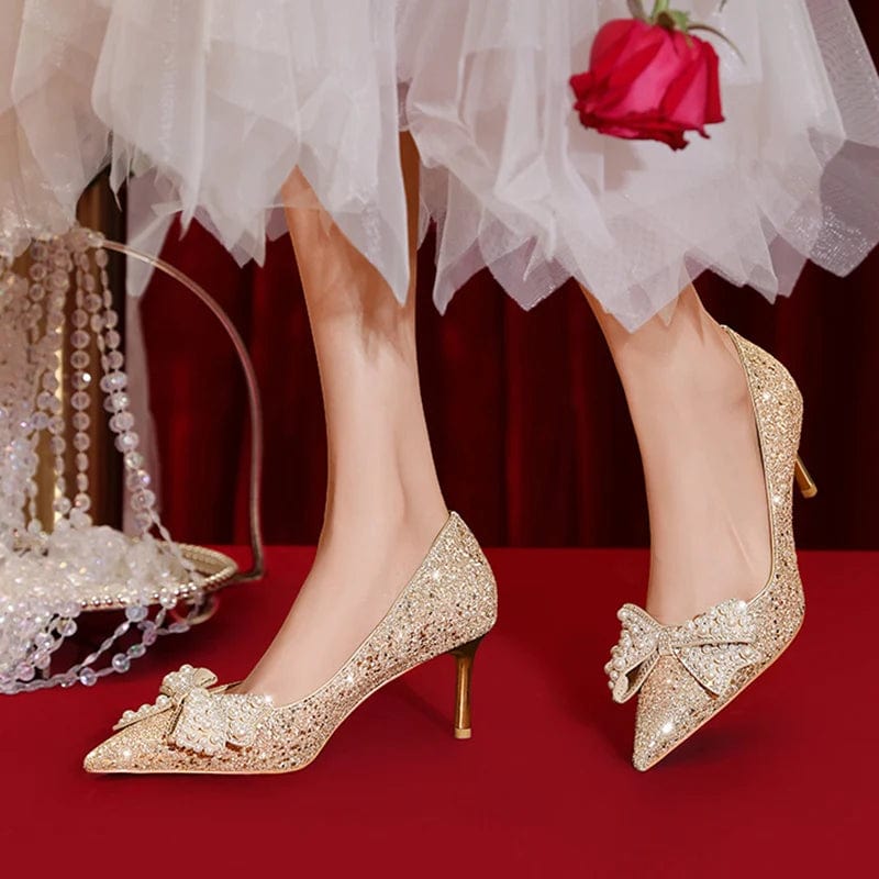 2023 Sweet Bowknot Pumps Women New Gold Silver Bling Sequins Wedding Party Shoes Woman Fashion Pearl Slip-On High Heels Shoes