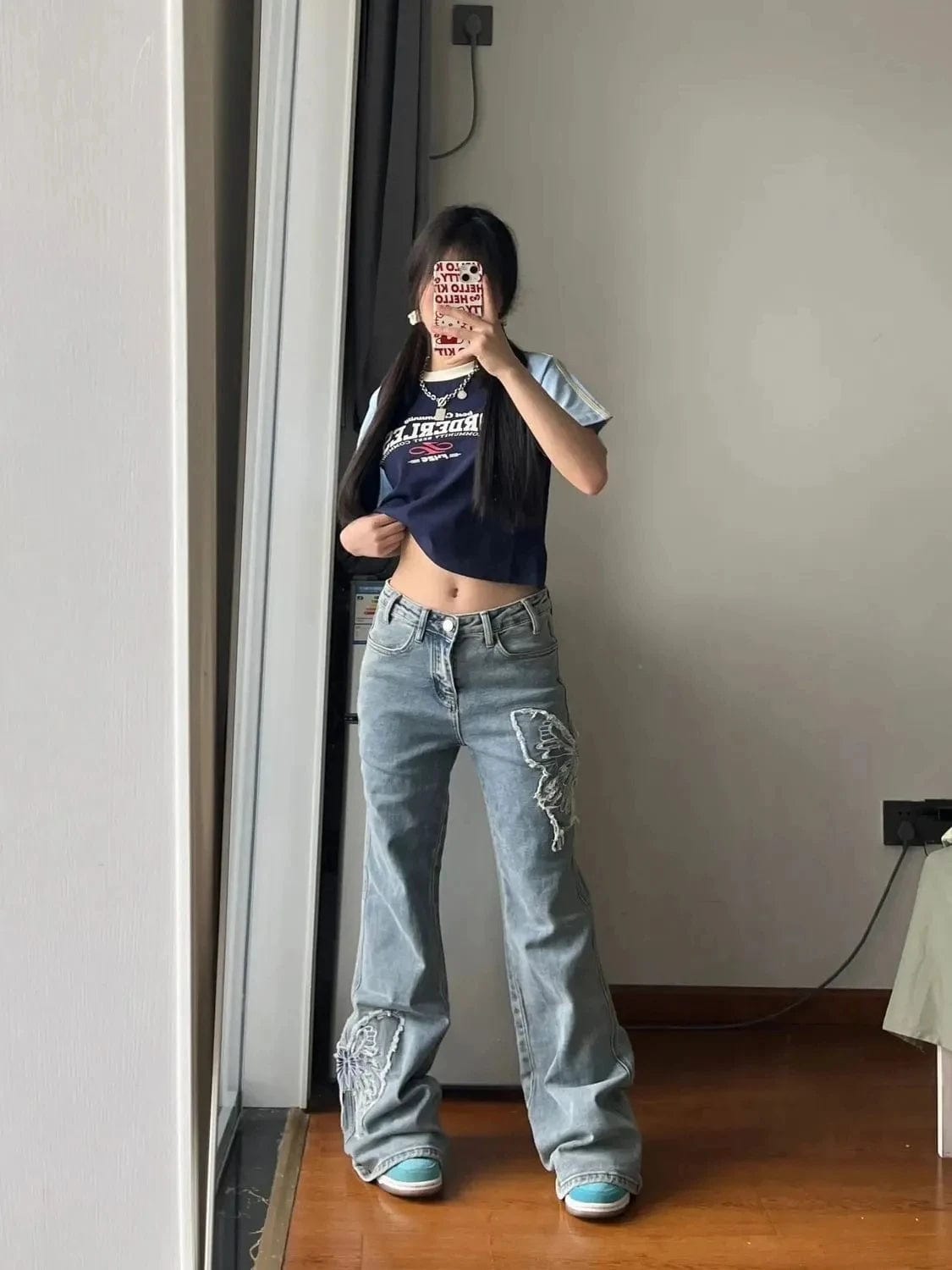 Spring Butterfly Embroidery Vintage Denim Women Jeans Women Retro High Waist Long Jeans Light Blue Pants Trousers