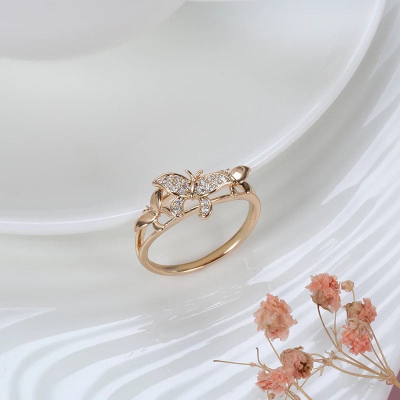 Trendy Butterfly Rings Glossy 585 Rose Gold Women Micro Inlay Zircon Ring Gold Plated Bling Engagement Wedding Jewelry Gift