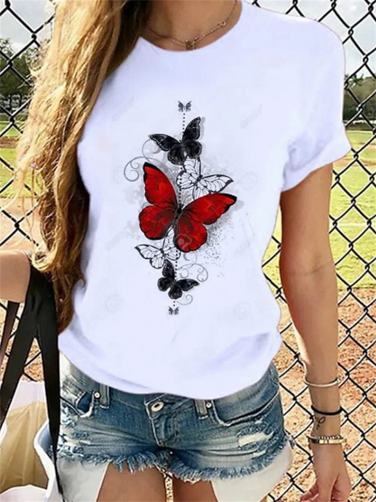 Women's T-shirt Cartoon Butterfly Print Short Sleeve Chic Casual Weekend Y2k Tops Regular Multicolor Street Crew Neck For Girls