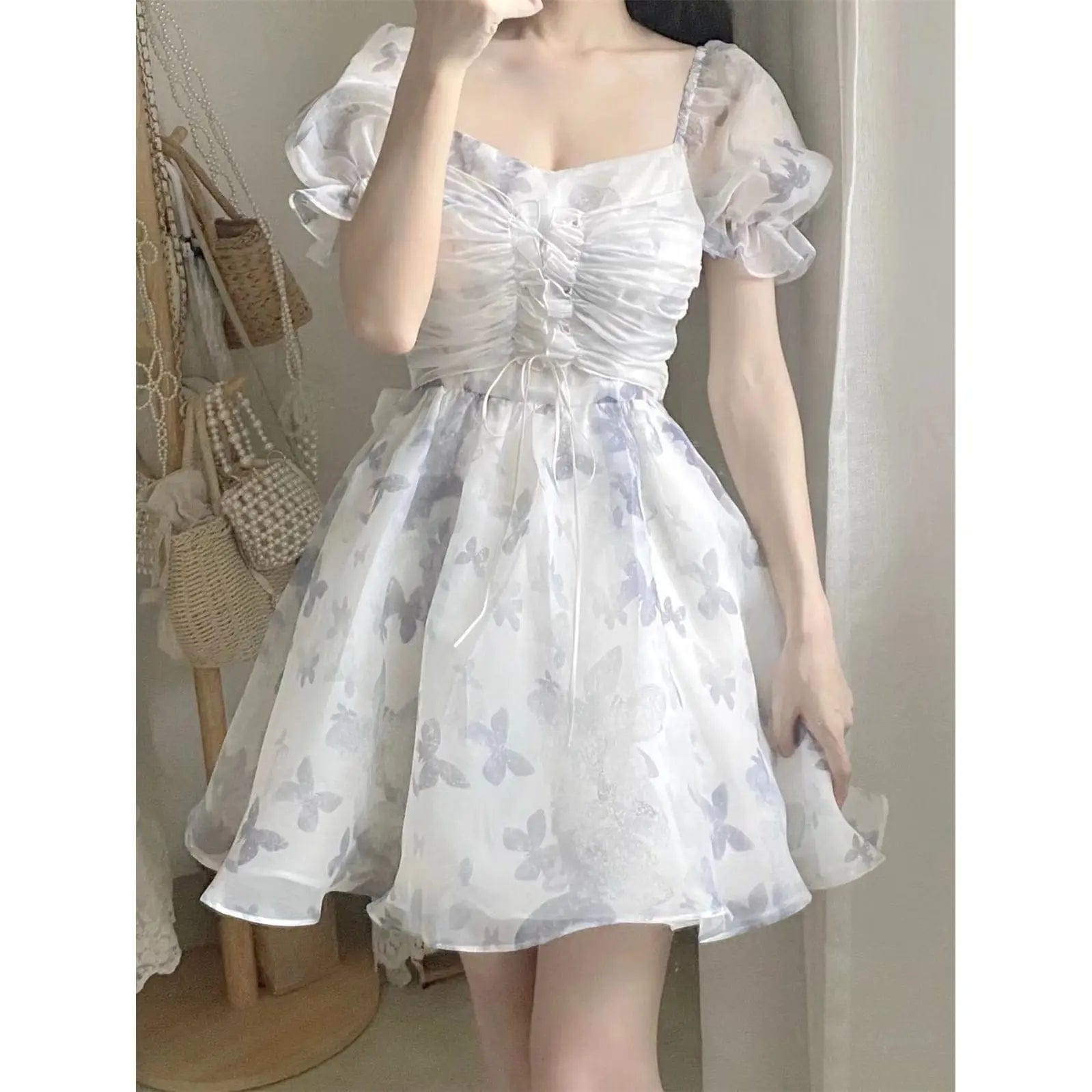 2023 New Summer Korean Butterfly Print Dress Women French Square Neck Puff Sleeve Dresses Mori Y2K Bow Sweet Fashion Mini Dress