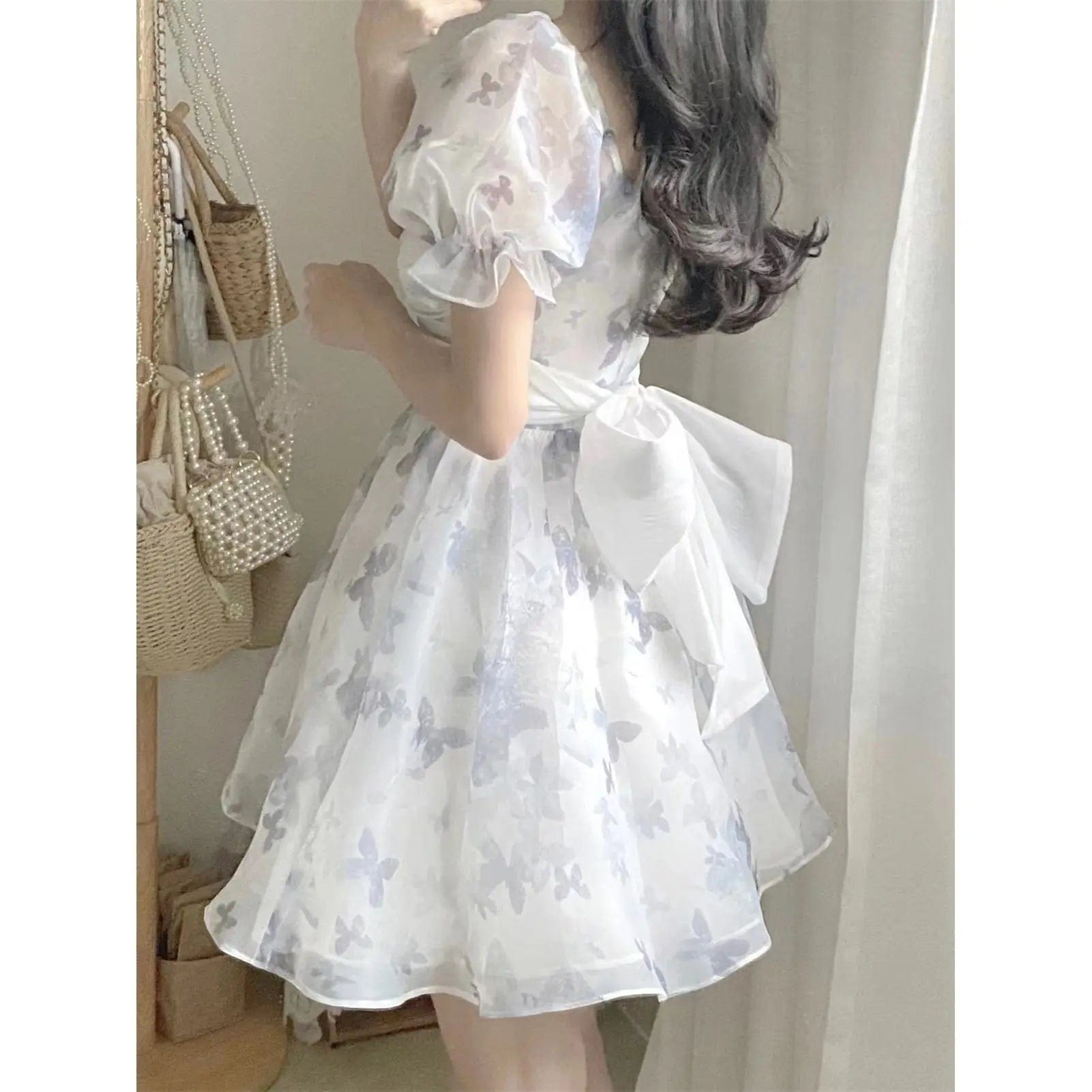 2023 New Summer Korean Butterfly Print Dress Women French Square Neck Puff Sleeve Dresses Mori Y2K Bow Sweet Fashion Mini Dress