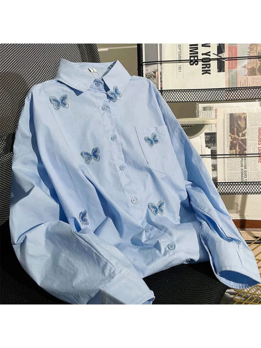 2023 Spring Blue Butterfly Decal Single Breasted Loose Shirt Women's Turn-Down Collar Embroidery Long Sleeve Blouse Female