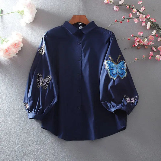 2023 Summer Butterfly Embroidery Cardigan Top Women Loose Casual Fashion 3/4 Sleeve Blouse Ladies Lapel Single Breasted Shirt