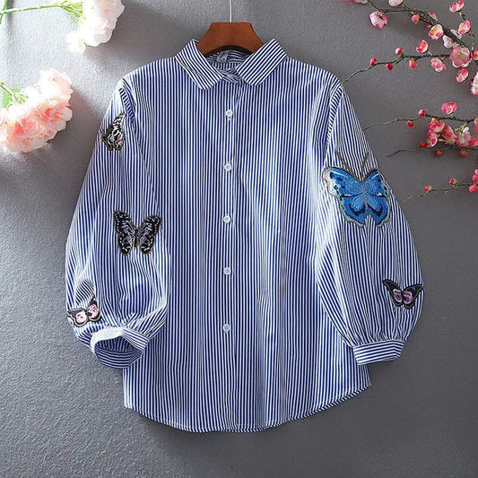 2023 Summer Butterfly Embroidery Cardigan Top Women Loose Casual Fashion 3/4 Sleeve Blouse Ladies Lapel Single Breasted Shirt