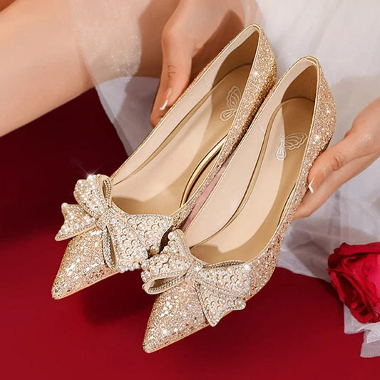 2023 Sweet Bowknot Pumps Women New Gold Silver Bling Sequins Wedding Party Shoes Woman Fashion Pearl Slip-On High Heels Shoes