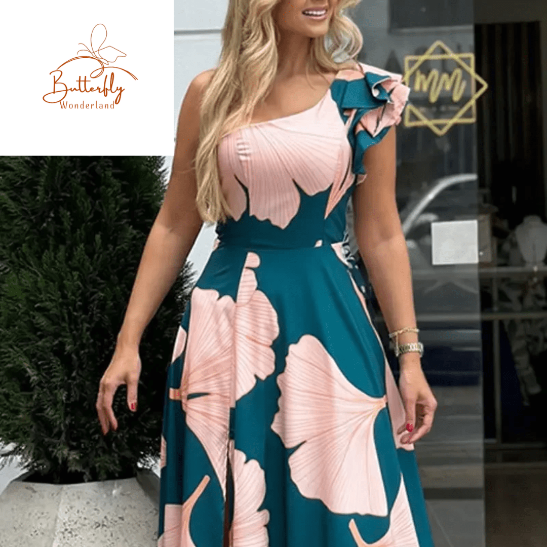 2023 Women Elegant Allover Print One Shoulder Ruffle Sleeves High Silt Maxi Sexy Party Dresses