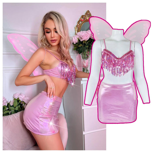 2023NEW Pink Sexy Butterfly Cosplay For Woman Efl Dress Sequin Lingerie Halloween Costumes For Adults Role Play Party Show