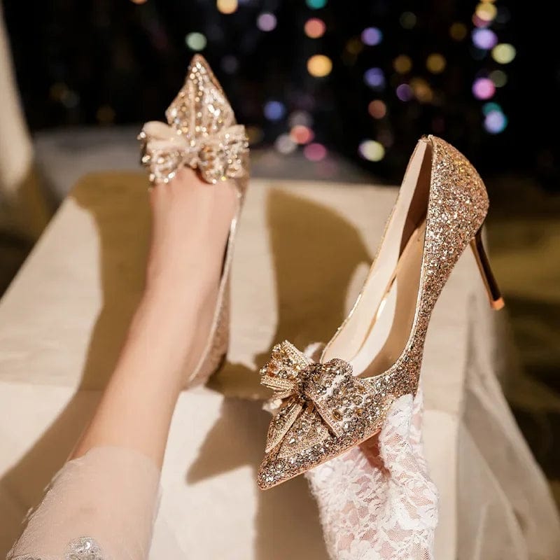 2024 Autumn Luxury Pointed Toe Pumps Sequined Rhinestone Butterfly Women heels Gold Silver High Heels Party Wedding Shoes