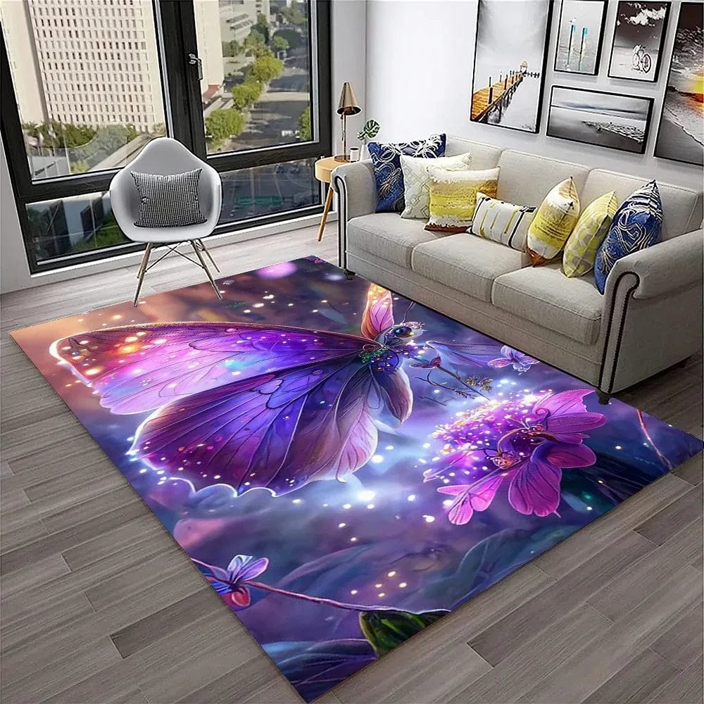 3D Luxury Dream Butterfly Flower Carpet Non-slip Floor Mat for Home Living Room Bedroom Sofa Washable Kid Play Area Decor Rug