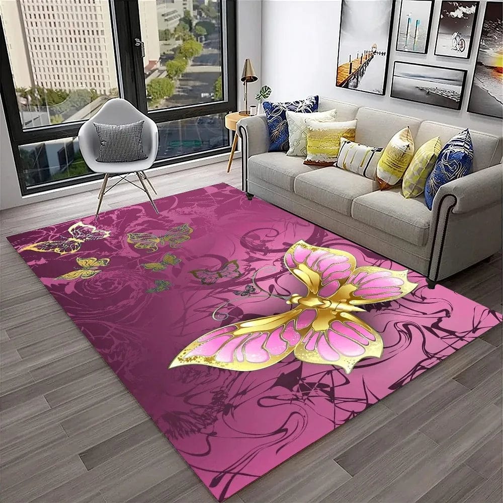 3D Luxury Dream Butterfly Flower Carpet Non-slip Floor Mat for Home Living Room Bedroom Sofa Washable Kid Play Area Decor Rug