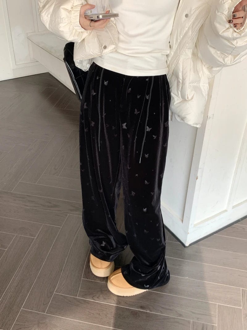 ADAgirl Harajuku Butterfly Print Pants Women Y2k Black Wide Leg Trousers High Waist Full Lenght Sweatpants Mujer Warm Winter Alt