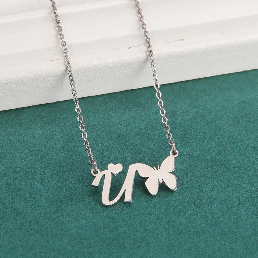 Amaxer for Women Girl Sweet Butterfly Alphabet Necklace A-Z Initial Letter Name Stainless Steel Gold Color Jewelry Gift