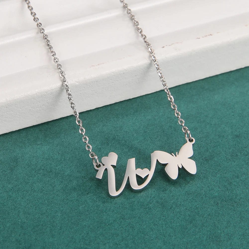 Amaxer for Women Girl Sweet Butterfly Alphabet Necklace A-Z Initial Letter Name Stainless Steel Gold Color Jewelry Gift