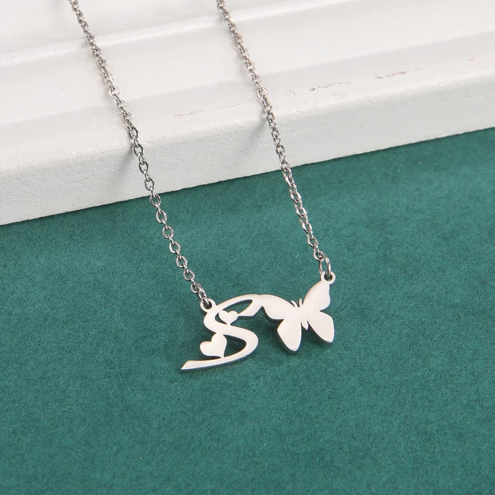 Amaxer for Women Girl Sweet Butterfly Alphabet Necklace A-Z Initial Letter Name Stainless Steel Gold Color Jewelry Gift