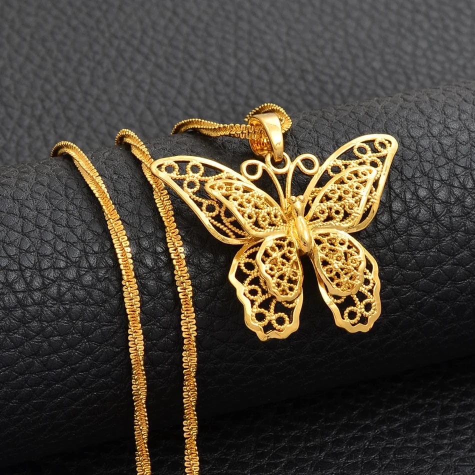 Anniyo (4.5CM Pendant)Big Butterfly Pendant Necklaces for Women Girls Gold Color Jewelry Wedding Birthday Goods @@008609