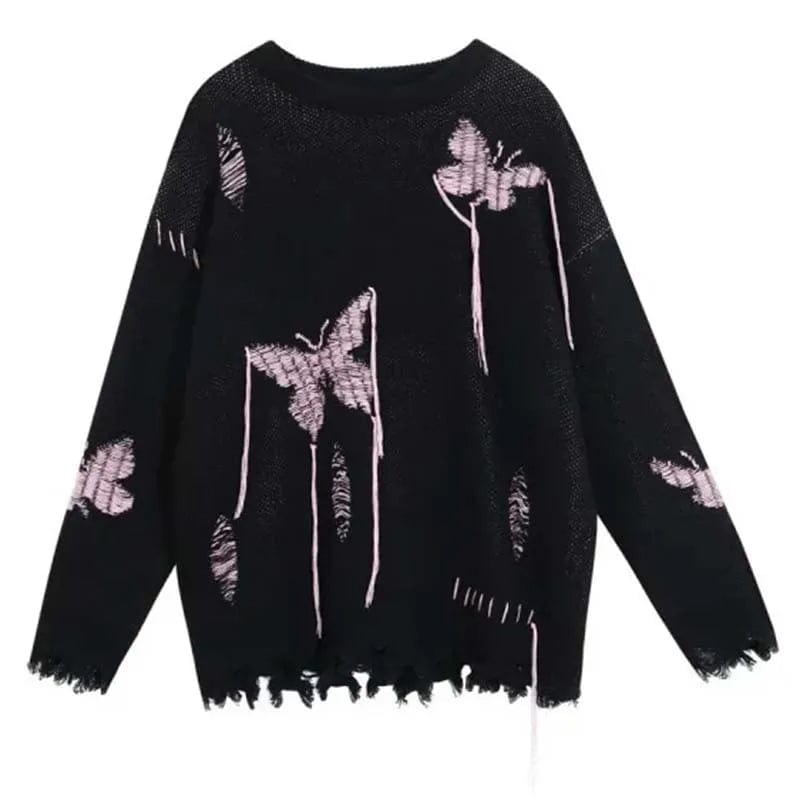 Black Fashion Hole Tassels Women Sweater Butterfly Embroidery Loose Knit Pullover Long Sleeve Top Pull Jumper Punk Spring Autumn