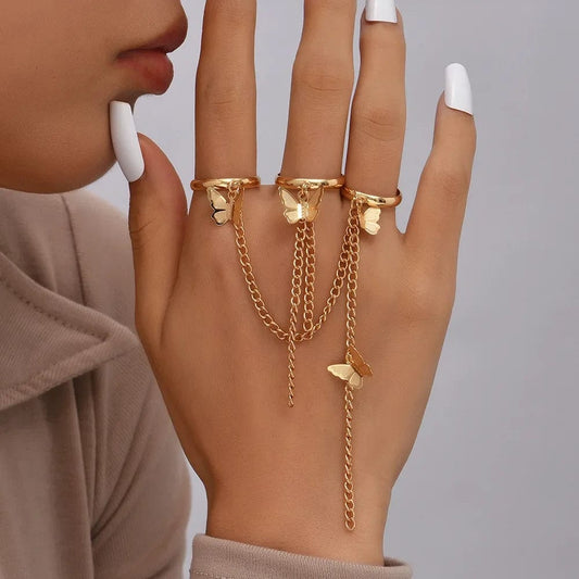 Boho Butterfly Slave Bracelet Ladies One-Piece Gold Color Chain Finger Ring Bracelet Women Girls Summer Beach Jewelry