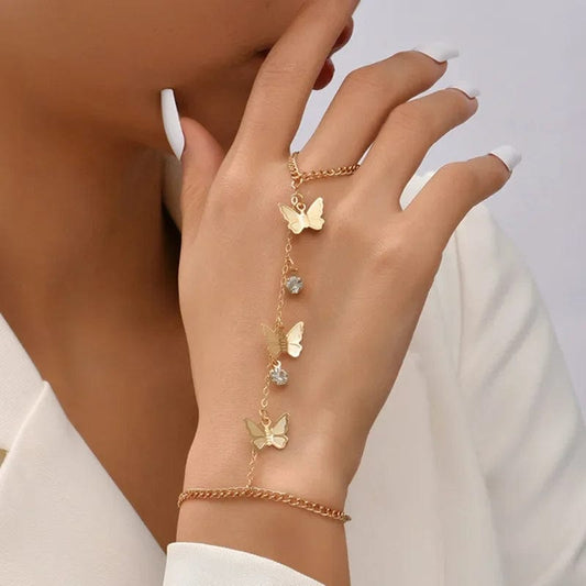 Boho Butterfly Slave Bracelet Ladies One-Piece Gold Color Chain Finger Ring Bracelet Women Girls Summer Beach Jewelry