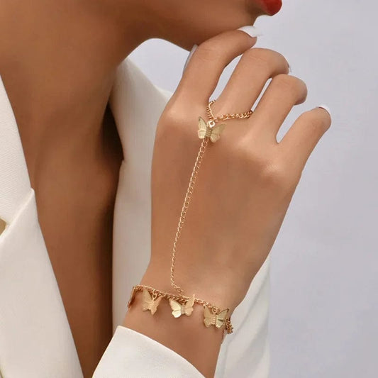 Boho Butterfly Slave Bracelet Ladies One-Piece Gold Color Chain Finger Ring Bracelet Women Girls Summer Beach Jewelry