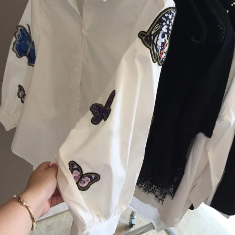 Butterfly embroidery collar shirt new white blouse