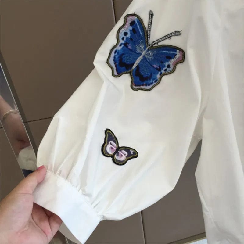 Butterfly embroidery collar shirt new white blouse