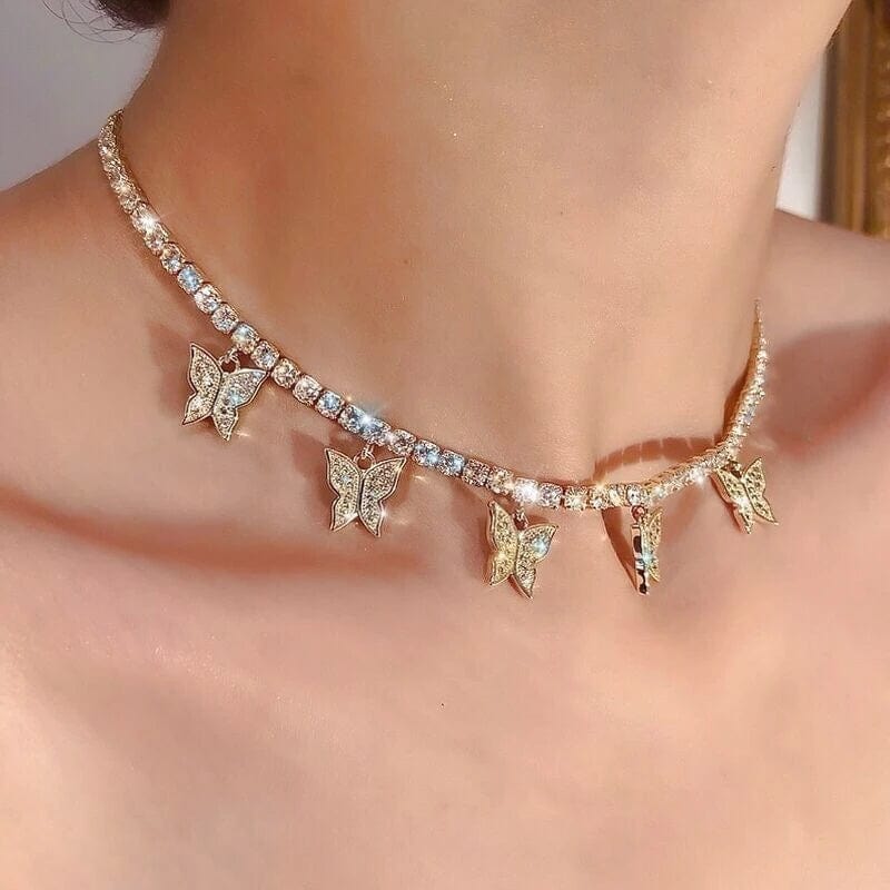 Clavicle Short Gold Silver Color Zircon Crystal Butterfly Chain Necklace Shiny Full Rhinestone Jewelry Pendant Women's Girl Gift