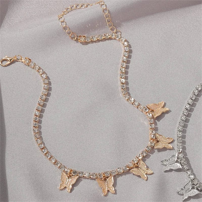 Clavicle Short Gold Silver Color Zircon Crystal Butterfly Chain Necklace Shiny Full Rhinestone Jewelry Pendant Women's Girl Gift