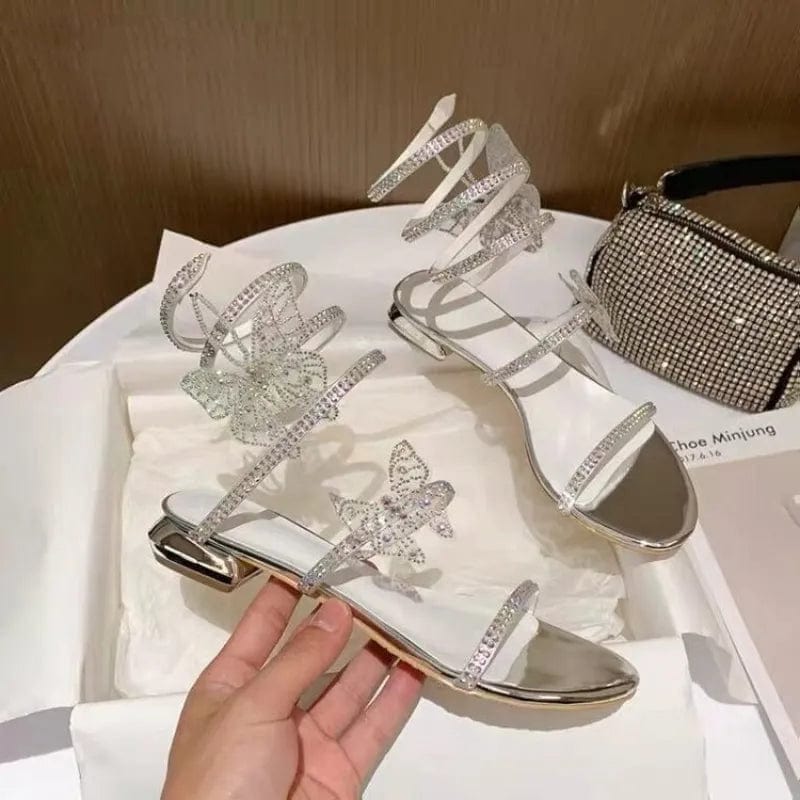 Comemore Summer Crystal Snake Winding Sandals Low Heels 2023 Women Bling Butterfly Roman Sandal Female Sweet Flat Sandals Shoes