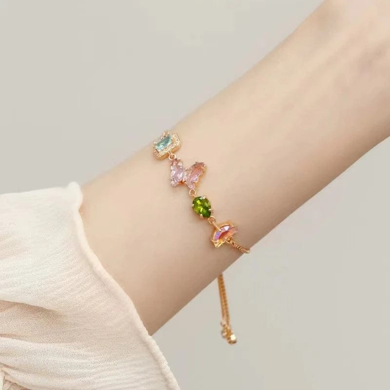 Cute Colored Crystal Butterfly Bracelets for Women 2024 Summer New Style Adjustable Copper Gold-plated Bracelet Party Jewelry