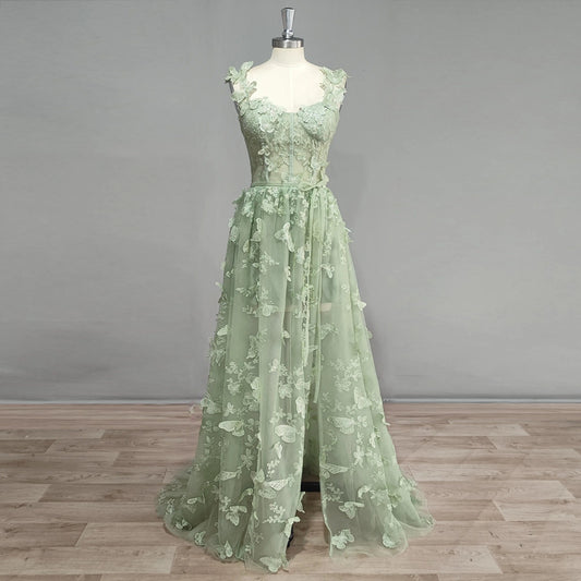 DIDEYTTAWL Real Photos 3D Butterflies Sage Green Tulle Prom Dress Sweetheart A Line High Slit Fairy Evening Gown