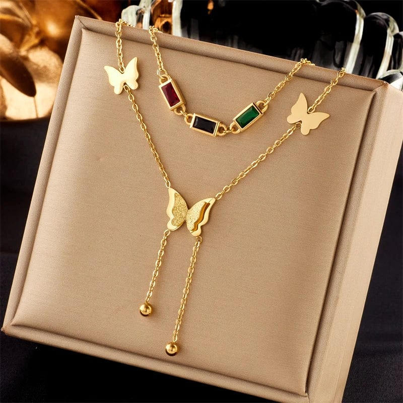 DIEYURO 316L Stainless Steel Colorful Zircon Butterfly Long Pendant Necklace For Women Fashion Girls Clavicle Chain Jewelry Gift