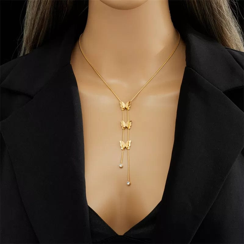 DIEYURO 316L Stainless Steel Gold Color Butterfly Tassel Long Pendant Necklace For Women Trendy Non-fading Chain Jewelry Gifts