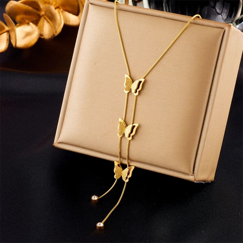 DIEYURO 316L Stainless Steel Gold Color Butterfly Tassel Long Pendant Necklace For Women Trendy Non-fading Chain Jewelry Gifts