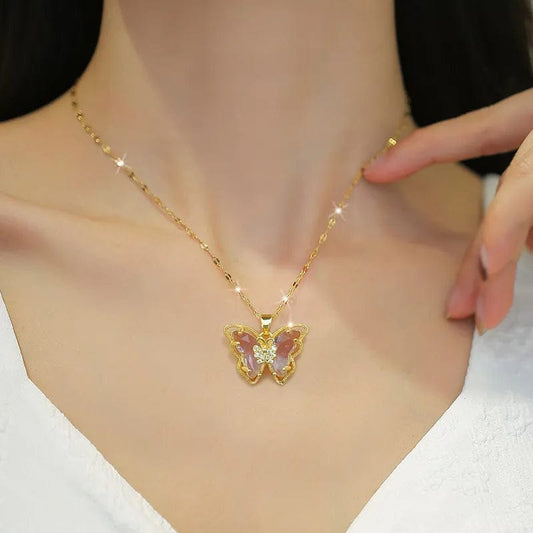 DIEYURO 316L Stainless Steel Purple Crystal Butterfly Pendant Necklace For Women Girl Fashion Clavicle Chain Choker Jewelry Gift