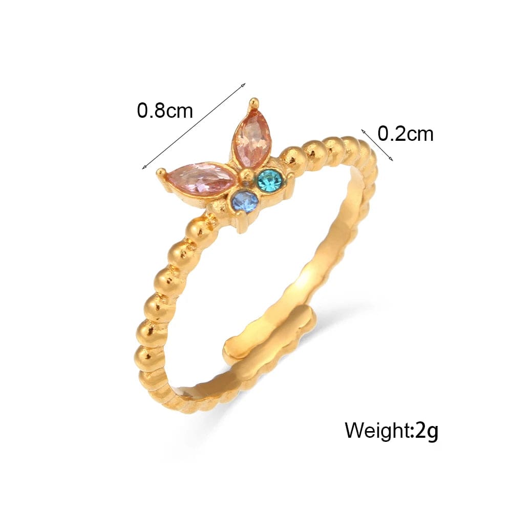 E.B.belle Cute Lovely Colorful Cubic Zirconia Adjustable Butterfly Rings For Women Stainless Steel Gold Plated Butterfly Ring