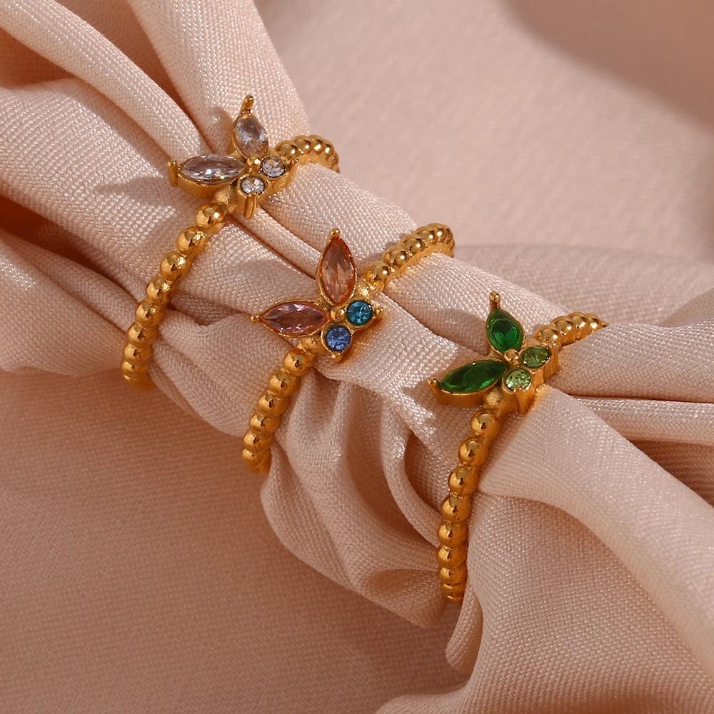 E.B.belle Cute Lovely Colorful Cubic Zirconia Adjustable Butterfly Rings For Women Stainless Steel Gold Plated Butterfly Ring