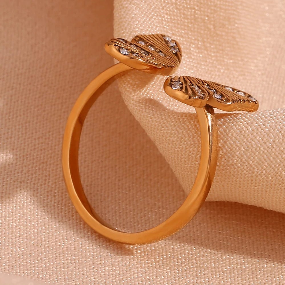 E.B.belle Open Size Slightly Adjustable Textured Rhinestone Filled Butterfly Ring For Woman 18K Gold Plated Knuckle Ring Jewelry