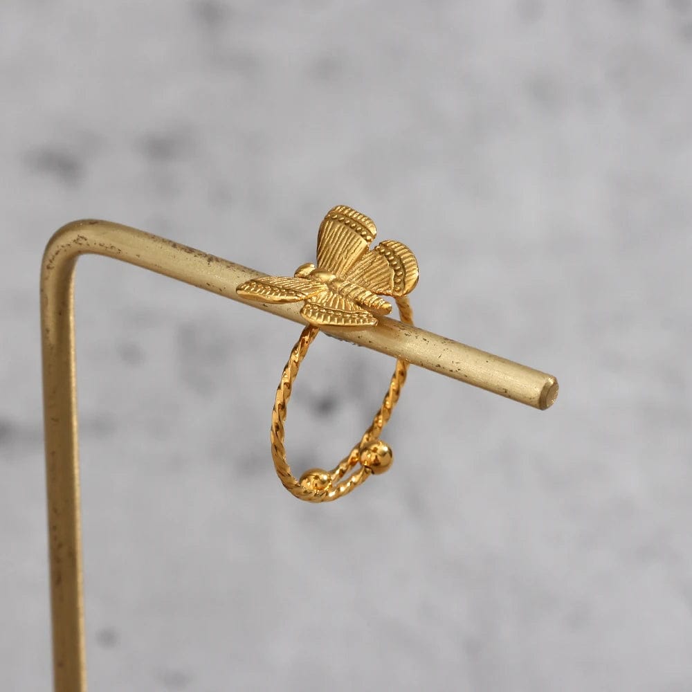 E.B.belle Vintage Insect Design Jewelry Stainless Steel 18K Gold Plated Adjustable Butterfly Rings For Women Resizable Ring