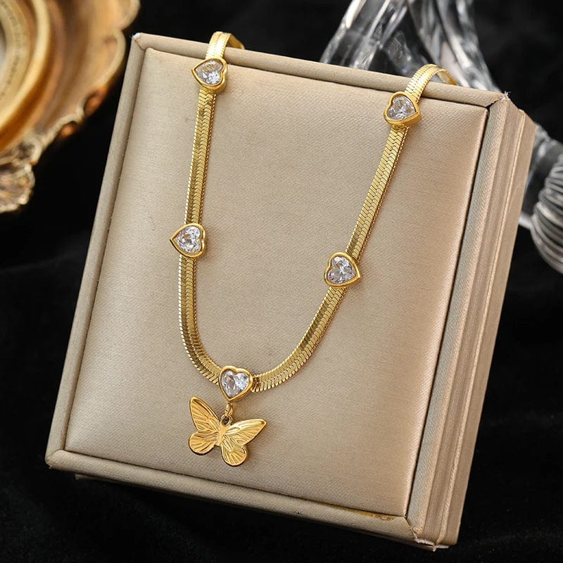 EILIECK 316L Stainless Steel White Zirconia Crystal Heart Pendant Necklace For Women Fashion Girls Gold Color Butterfly Jewelry