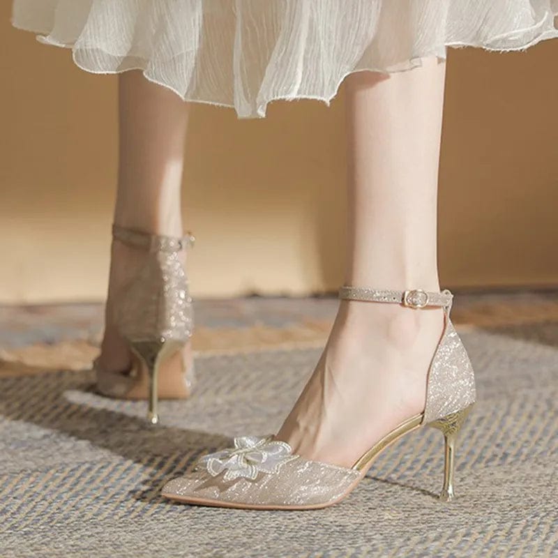 Elegant Silver High Heels Pumps Women 2023 Autumn Plus Size 42 Ankle Straps Party Shoes Woman Pointed Toe Bowtie Wedding Shoes