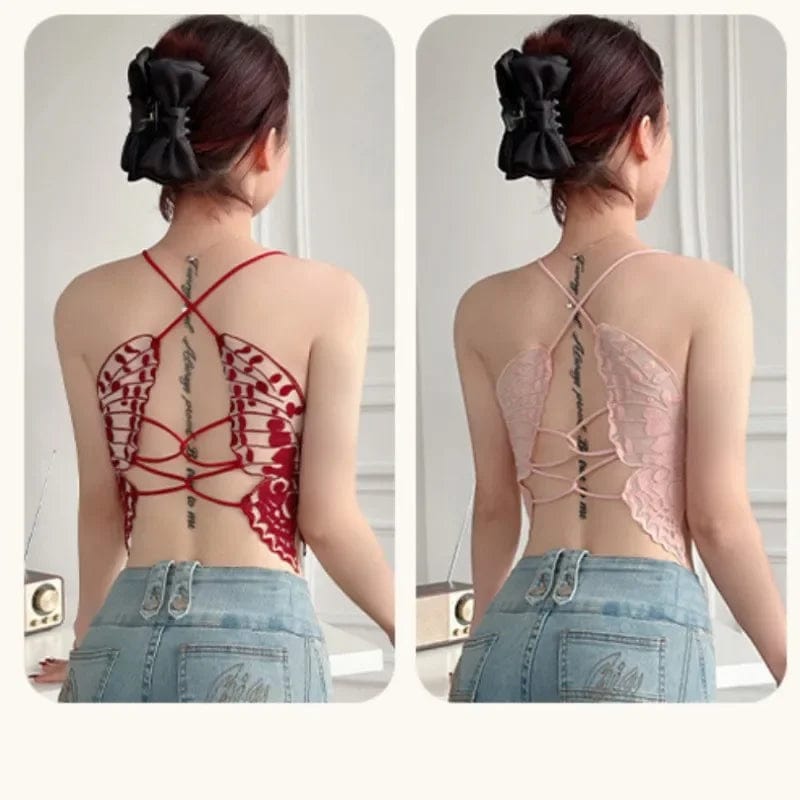 Embroidery Tops Sexy Lace Bras Vneck Cup Crop Top Streetwear Butterfly Hollow Back Underwear Tube Tops Female Camisole