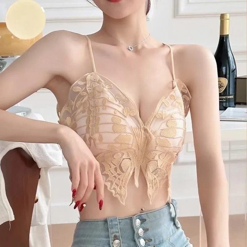 Embroidery Tops Sexy Lace Bras Vneck Cup Crop Top Streetwear Butterfly Hollow Back Underwear Tube Tops Female Camisole