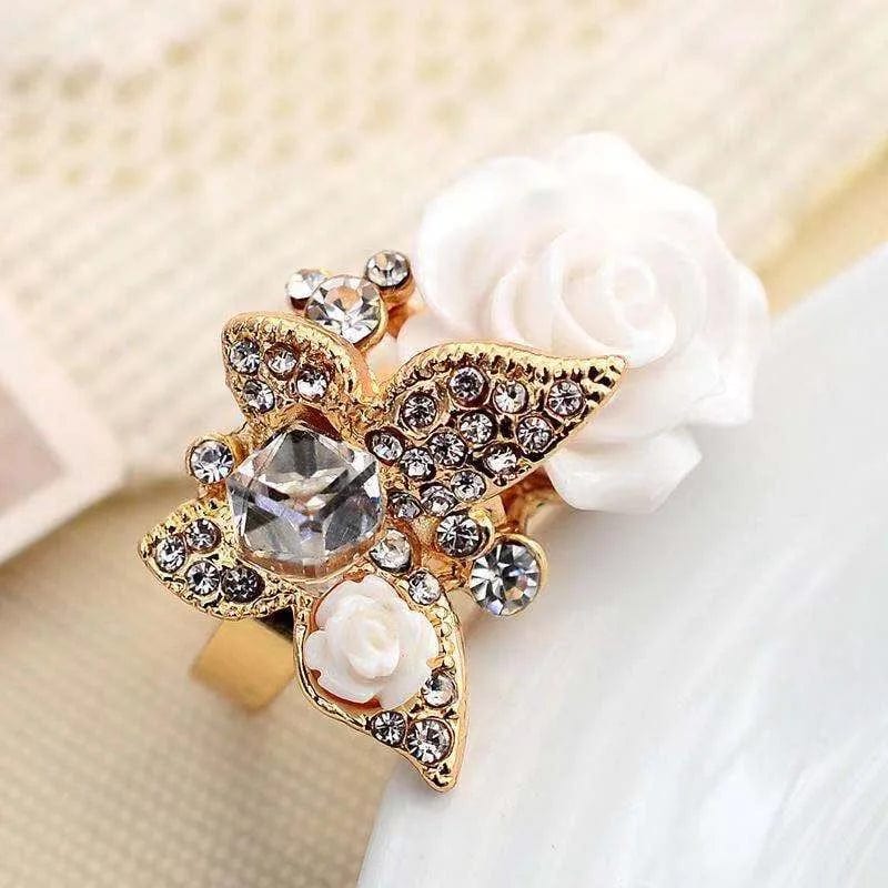 Fashion Creative Big Butterfly Flowers Crystal Wedding Open Rings for Women Gold Color Zircon Adjustable Jewelry Girl Bijoux