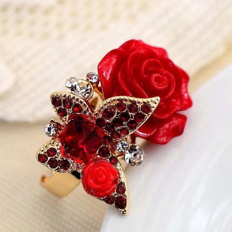 Fashion Creative Big Butterfly Flowers Crystal Wedding Open Rings for Women Gold Color Zircon Adjustable Jewelry Girl Bijoux