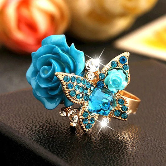 Fashion Creative Big Butterfly Flowers Crystal Wedding Open Rings for Women Gold Color Zircon Adjustable Jewelry Girl Bijoux