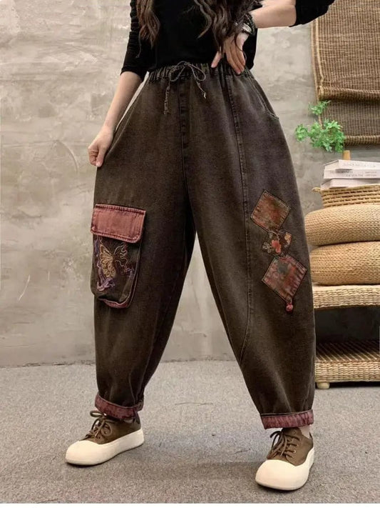 Fashion Woman 2024 Spring New Trendy Pocket Butterfly Embroidery Art Patchwork Comfortable Jeans Streetwear Loose Harem Pants