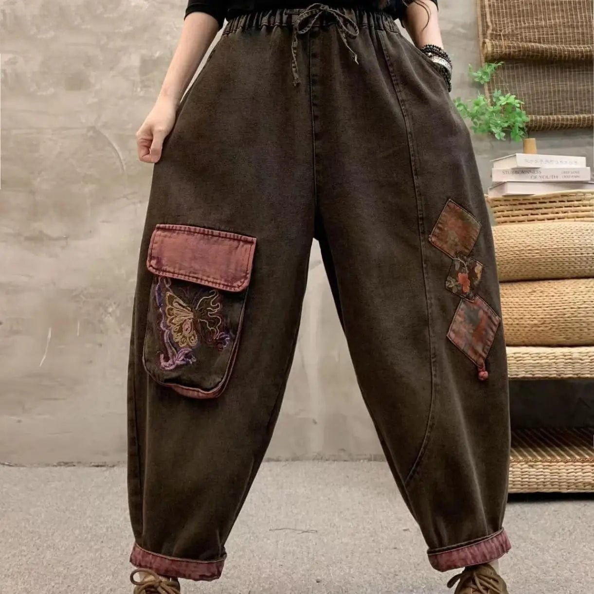 Fashion Woman 2024 Spring New Trendy Pocket Butterfly Embroidery Art Patchwork Comfortable Jeans Streetwear Loose Harem Pants