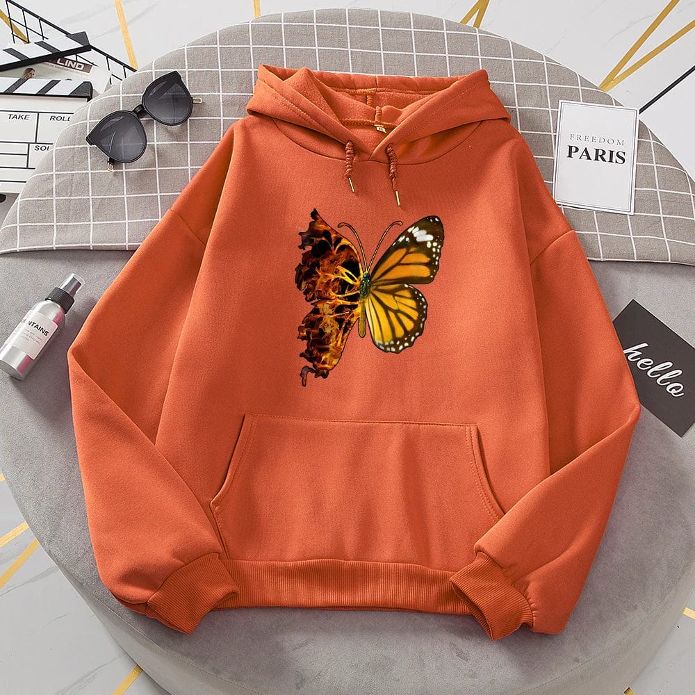 Flaming Butterfly Wings Hoodies Women Fashion Novelty All Match Hoodie Classic Trend New Clothes Loose O-Neck Fleece Sweatshirt